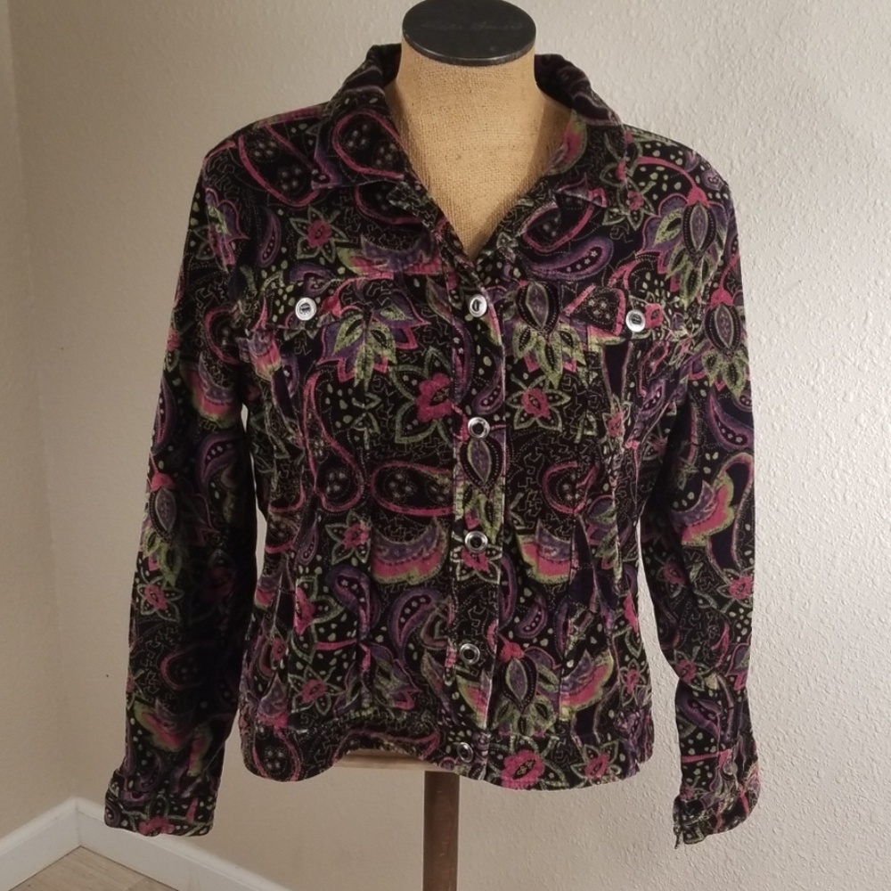 Velour black blazer printed w grns purples pinks